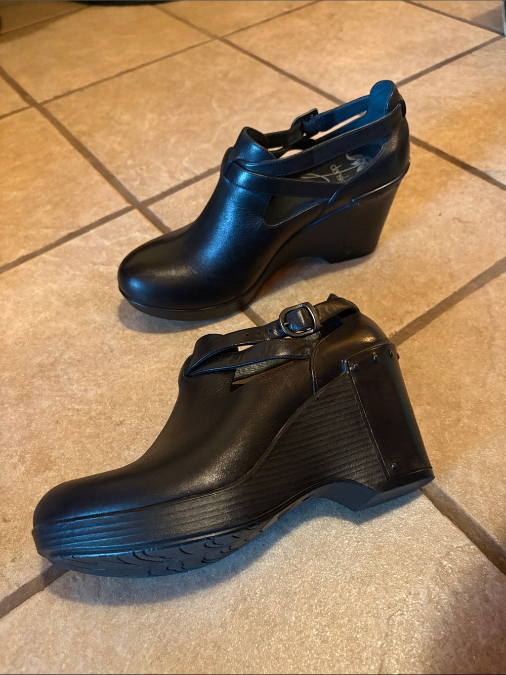 Dansko Black Leather Wedge Ankle Booties with Buckle